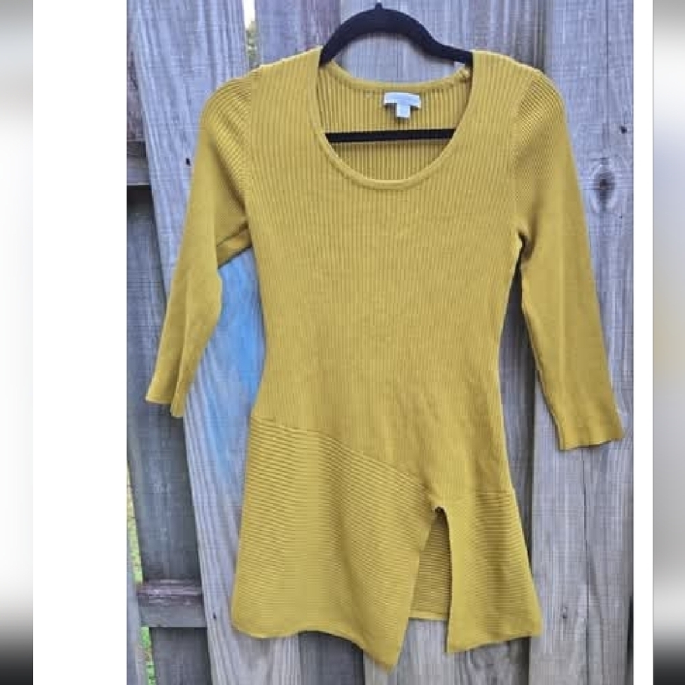 NY & Co Olive Medium Ribbed Tunic Sweater Top W Slit 3/4 Sleeve Long Length